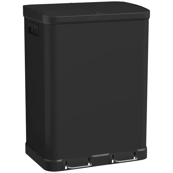 HOMCOM Coș de gunoi de bucătărie cu dublu compartiment 2 x 30 l cu pedală din oțel inoxidabil, capac cu închidere silențioasă, negru | Aosom Romania