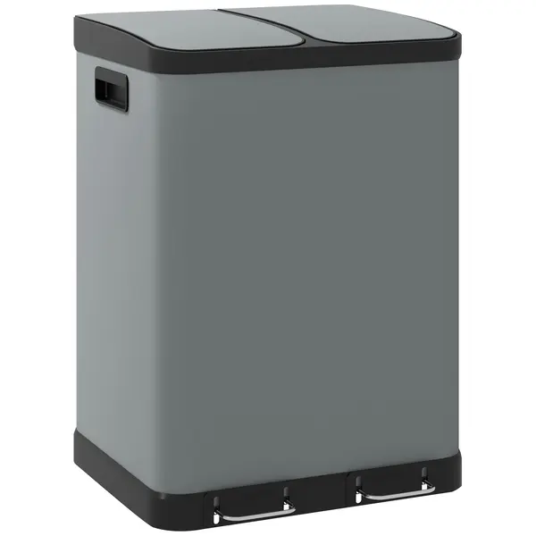 HOMCOM Coș de gunoi dublu, 2 x 30L, rezistent la amprente, Pedală, tăvi interioare detașabile, Gri | Aosom Romania