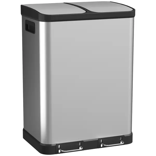 HOMCOM Coș de gunoi pentru bucătărie cu dublu compartiment 2 x 30L cu pedală din oțel inoxidabil, capac cu închidere silențioasă, argintiu | Aosom Romania