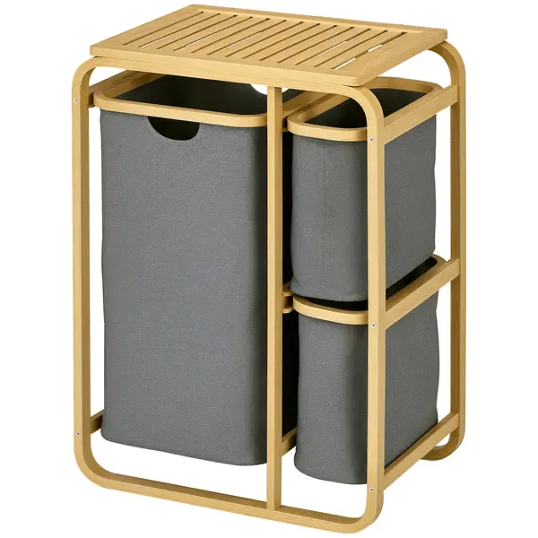 HOMCOM Coș de rufe cos de depozitare coș de rufe murdare din bambus 3 coșuri - 49l x 33P x 70H cm gri | Aosom Romania