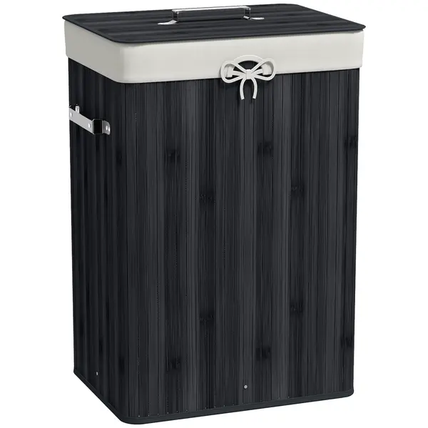 HOMCOM Coș de rufe, cutie rufe, colector de rufe cu capac, sac din pânză, bambus, pliabil, 72L, Negru 40 x 30 x 60 cm | Aosom Romania