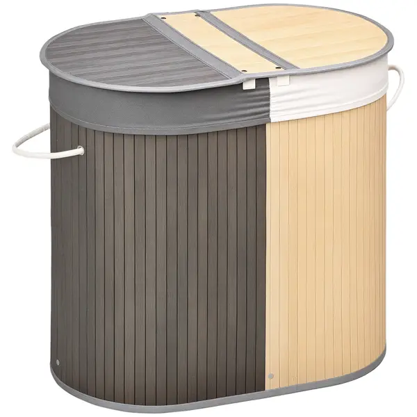 HOMCOM Cos de rufe din bambus 100L cu 2 sectiuni, capac si sac detasabil 62,5 x 37 x 60,5 cm - gri | Aosom Romania