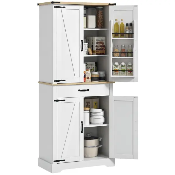 HOMCOM Credință bucătărie bufet bucătărie, 4 uși, 6 rafturi cu uși, 1 sertar și rafturi reglabile 76,5 x 40 x 181 cm alb | Aosom Romania