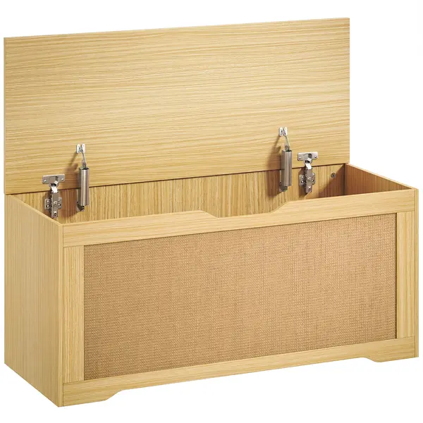 HOMCOM Cufăr de depozitare 108L Bancă de depozitare cu panou din ratan Capac Brațe de susținere pentru hol 80x40x45cm Stejar | Aosom Romania