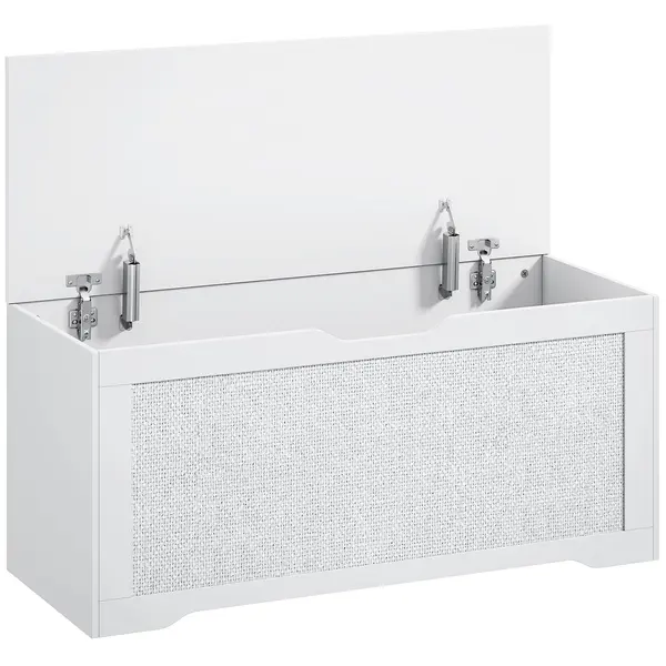 HOMCOM Cufăr de depozitare 136 L băncuță de depozitare cu panou din ratan capac cu brațe de susținere pentru hol 100x40x45cm alb | Aosom Romania