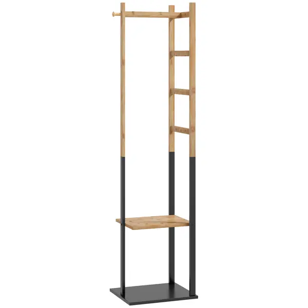 HOMCOM Cuier de Podea Autoportant cu Bară Centrală, 4 Bare Laterale, 2 Cârlige și 2 Rafturi, 46x28,5x153,5 cm, Negru | Aosom Romania