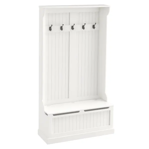 HOMCOM Cuier de Podea cu Bancă pentru Pantofi și 5 Cârlige, MDF, 96L x 34I x 179,7Î cm, Crem | Aosom Romania