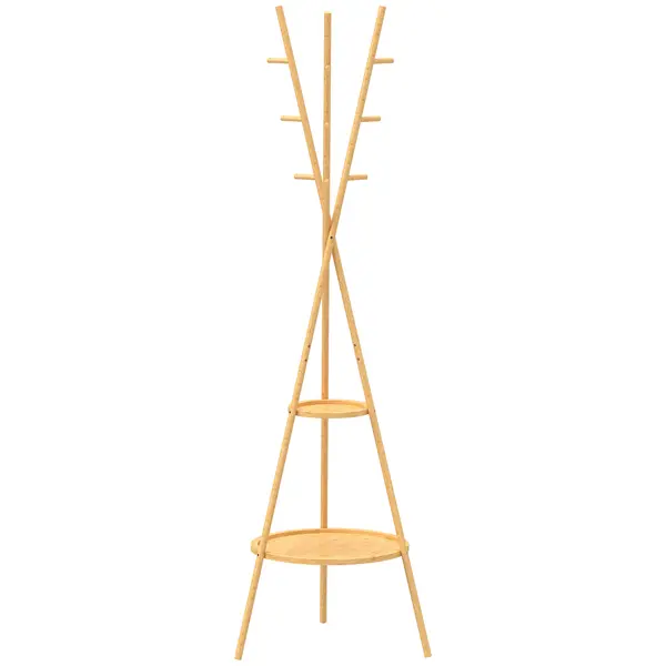 HOMCOM Cuier freestanding cu 9 cârlige și 2 polițe pentru intrare, lemn natural | Aosom Romania