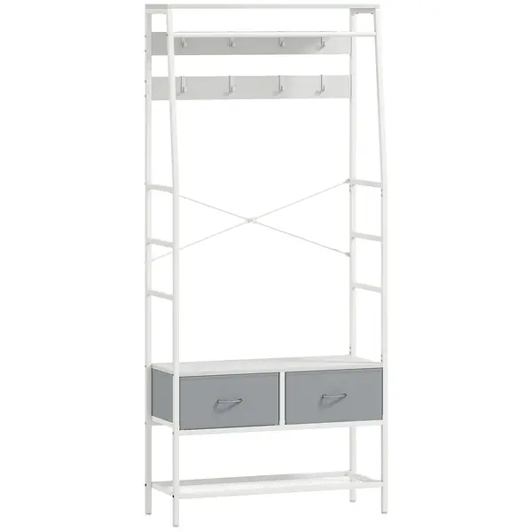 HOMCOM Cuier pentru pantofi cu spațiu pentru pantofi, cârlige, sertare, bară și raft pentru intrare, hol, living 80x30x180,5 cm Alb | Aosom Romania
