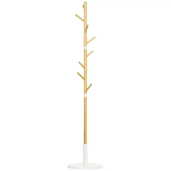 HOMCOM Cuier Vertical cu 8 Cârlige cu Bază Rotundă din Bambus, Lemn și Metal, Ø37,8x175,6 cm, Lemn Natural | Aosom Romania