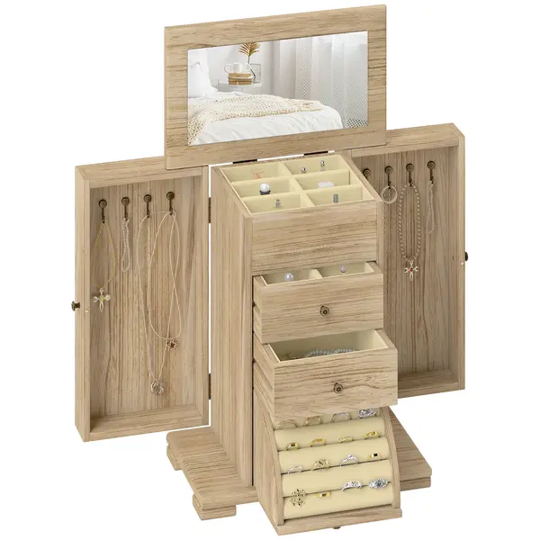 HOMCOM Cutie pentru bijuterii femei pe 4 nivele, cofret pentru bijuterii cu aripi, oglindă și 2 sertare, 26,5 x 16 x 33,5 cm, maro | Aosom Romania