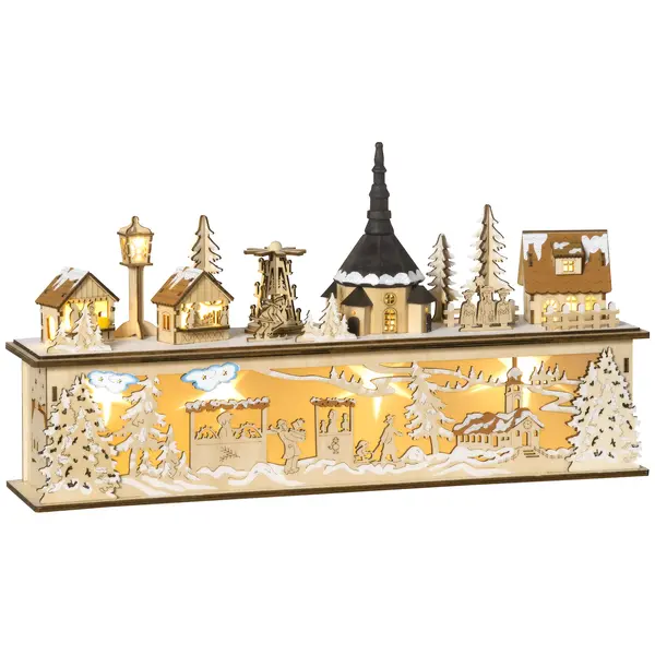HOMCOM Decorațiune de Crăciun, sat de Crăciun, 10 LED-uri, lumină alb-cald, 45 x 10 x 25 cm, decor din lemn | Aosom Romania