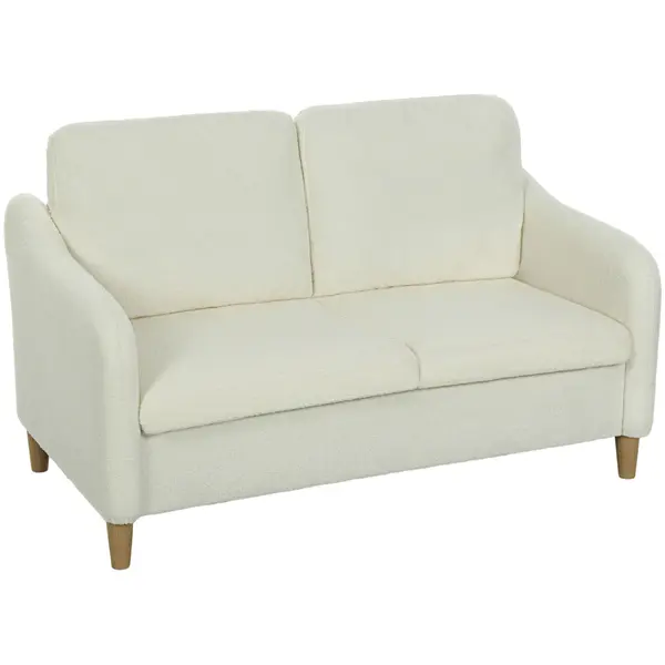 HOMCOM Divan 2 Locuri Imbottit în Sherpa cu Perne Detașabile, Picioare din Lemn de Eucalipt, Design Compact pentru Living, 137x69x82 cm, Crem | Aosom Romania