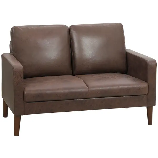 HOMCOM Divan cu 2 Locuri în Material Textil Efect Piele și Picioare din Lemn Maro | Aosom Romania