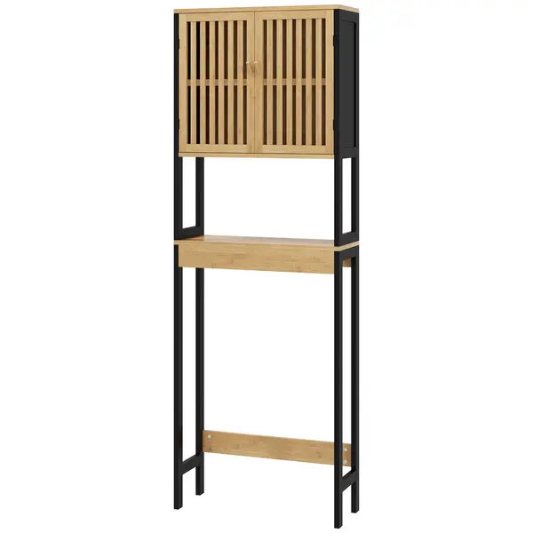 HOMCOM Dulap Baie cu Economie de Spațiu, Dulap Deasupra Toaletei cu 2 Uși și Raft Deschis, 60x21,5x172 cm, Lemn Natural | Aosom Romania