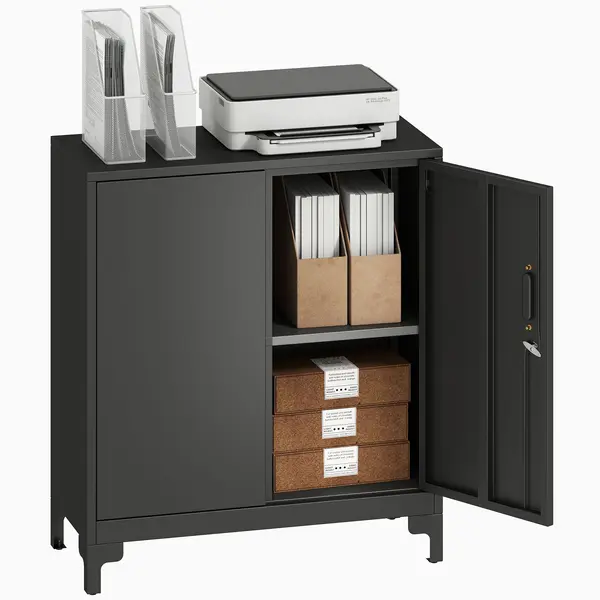 HOMCOM Dulap birou din metal, uși blocabile, comodă de birou, design cu două niveluri, Negru | Aosom Romania
