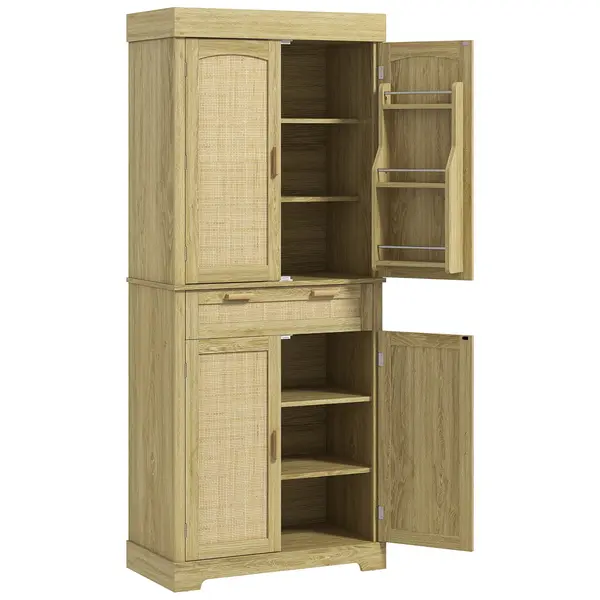 HOMCOM Dulap Bucătărie 76×40×183 cm cu 2 Uși și Sertar, Rafturi Condimente, Stejar | Aosom Romania