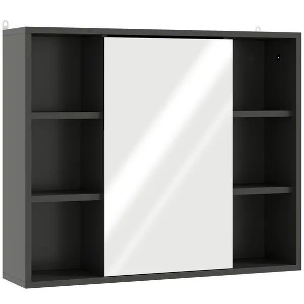 HOMCOM Dulap cu Oglindă pentru Baie, 3 Rafturi Laterale, Raft Reglabil, MDF și PAL, 60x14,5x49,4 cm, Negru și Lemn Natur | Aosom Romania