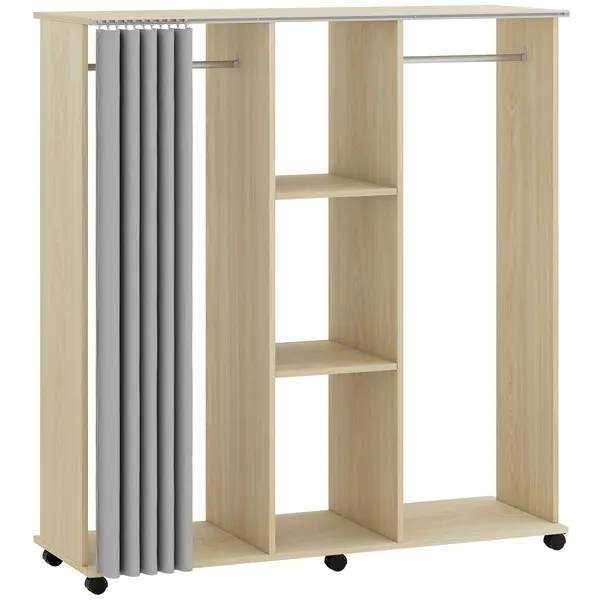 HOMCOM Dulap cu umeraș Mobil pentru depozitare 6 roți 120L x 40l x 128H cm lemn natural | Aosom Romania