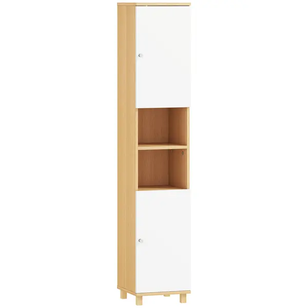 HOMCOM Dulap de Baie înalt cu Uși, 2 Rafturi Deschise, 2 Dulapuri, Dulap de Baie Economisitor de Spațiu cu Rafturi Reglabile pentru Sala de Mese Sufragerie, 30x30x166 cm, Alb și Lemn | Aosom Romania