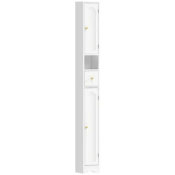 HOMCOM Dulap de baie îngust cu sertar uși arcuite compartiment deschis raft reglabil 20x20x185 cm Alb | Aosom Romania