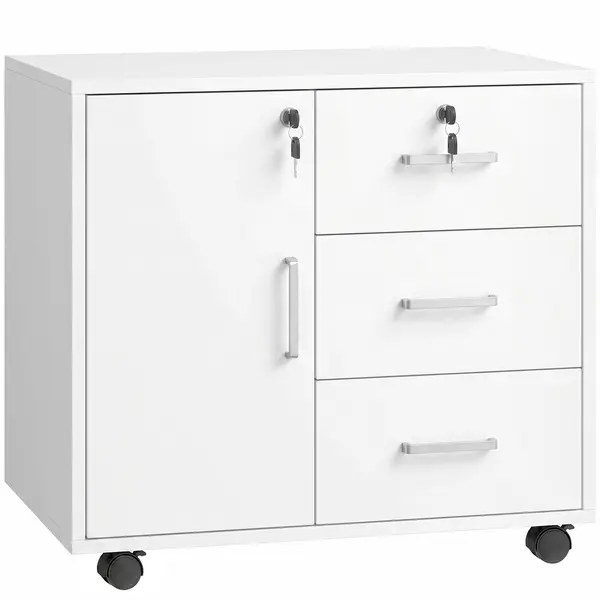 HOMCOM Dulap de Birou cu 3 Sertare și Dulăpior cu 3 Rafturi Reglabile, Sertar pentru Documente, 60x40x56 cm, Alb | Aosom Romania