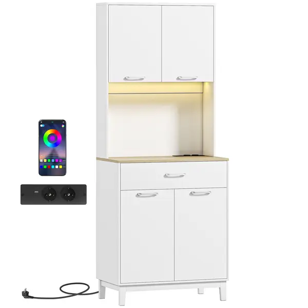 HOMCOM Dulap de bucătărie cu lumini LED Stație de încărcare 4 uși Sertar Blat deschis 71x40x180 cm Alb | Aosom Romania