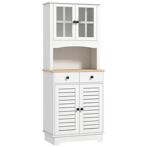 HOMCOM Dulap de bucătărie cu uși din sticlă, 2 sertare, dulap pentru veselă, dulap pentru sufragerie, lemn, 68 x 39,5 x 170 cm, Alb | Aosom Romania