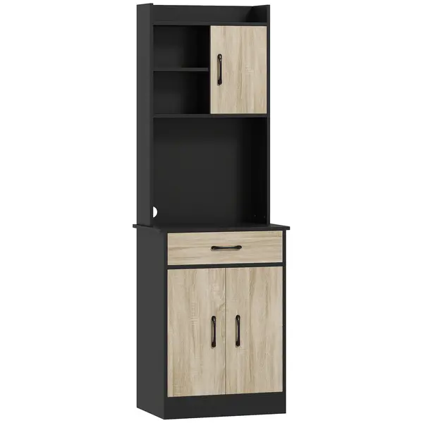 HOMCOM Dulap de Bucătărie, Mobilier cu Orificiu pentru Cabluri și Suprafață pentru Microunde, Dulap de Bucătărie cu Sertar, 3 Rafturi Deschise și Dulapuri, pentru Sufragerie, Living, Negru și Lemn | Aosom Romania
