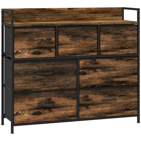 HOMCOM Dulap de Depozitare, Comodă cu 7 Sertare din Material Textil, Design Industrial, Structură din Oțel, 98x29x85cm, Maro/Negru | Aosom Romania