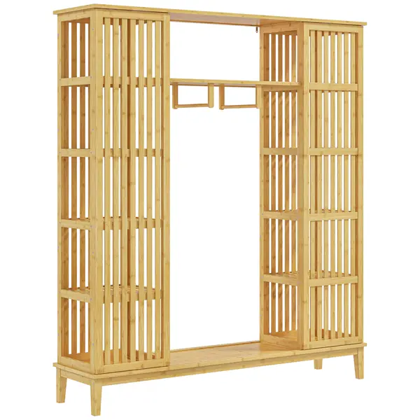 HOMCOM Dulap Deschis din Bambus cu 2 Uși Glisante, Garderobă cu Rafturi și Bară de Haine, 145x35x165 cm, Lemn Natural | Aosom Romania