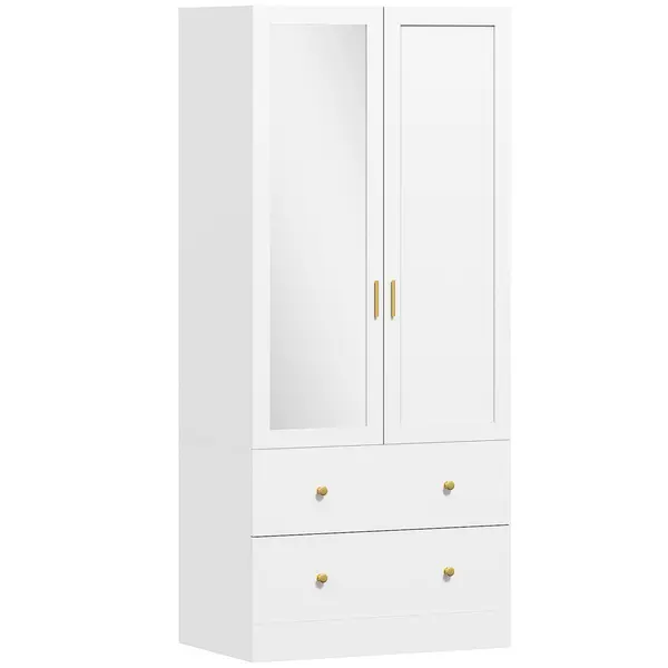 HOMCOM Dulap dormitor cu bară de suspendare și oglindă, 2 uși, 2 sertare, 80 x 50 x 180 cm, alb | Aosom Romania