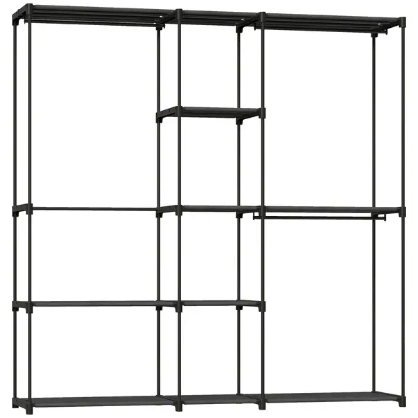 HOMCOM Dulap Garderobă din Material Textil cu 8 Rafturi și 3 Bare pentru Agățat, 182x43x185 cm, Negru | Aosom Romania