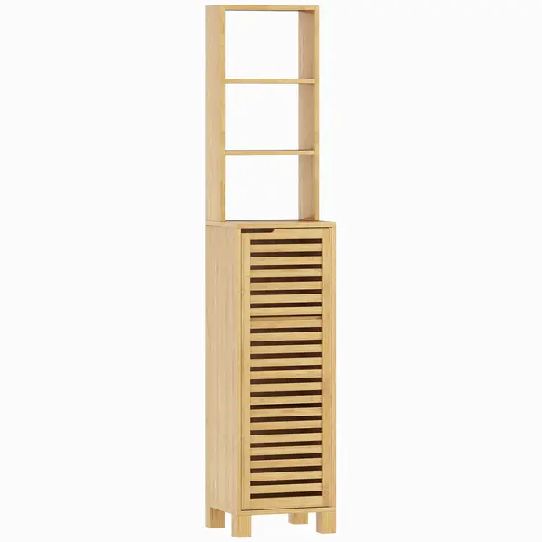 HOMCOM Dulap înalt pentru baie din bambus Coloană îngustă cu 3 polițe deschise Ușă cu lamele Rafturi reglabile 34x30x170 cm Natural | Aosom Romania