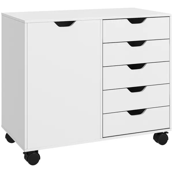 HOMCOM Dulap Lateral cu 5 Sertare, Dulap cu Raft Reglabil, Mobilier pentru Birou pe Roți, Suport pentru Imprimantă pentru Biroul de Acasă, Alb | Aosom Romania
