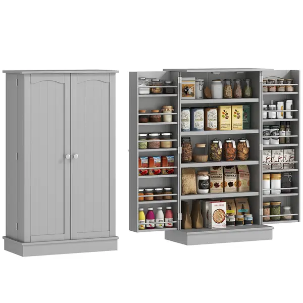 HOMCOM Dulap mobilier de bucătărie cămară cu 2 uși cu 5 rafturi și 12 suporturi pentru condimente - 60 x 30 x 104 cm - gri | Aosom Romania