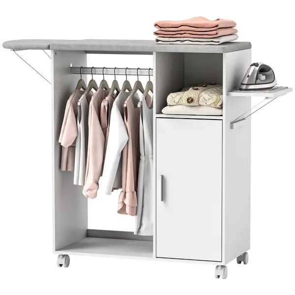 HOMCOM Dulap Multifuncțional cu Masă de Călcat | Blat din Tesatura Efect In | 3 Rafturi | Ghidaj pentru Agățat | 127x42.5x99 cm | Alb | Aosom Romania