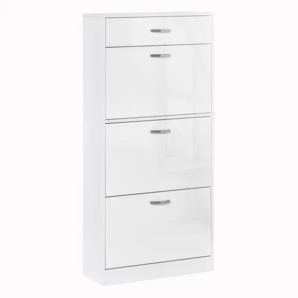 HOMCOM Dulap pantofi cu 3 uși rabatabile, sertar glisant, 62x24x135 cm, mânere aluminiu, placă de particule albă | Aosom Romania