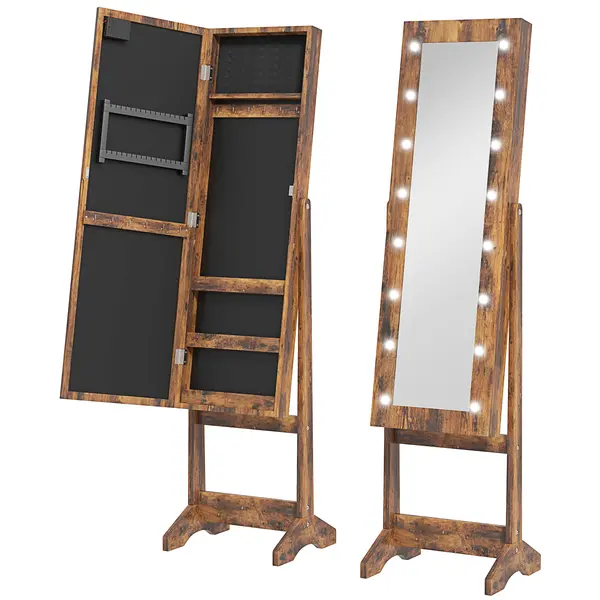 HOMCOM Dulap pentru Bijuterii cu Oglindă Reglabilă și Lumini LED 36x30x136 cm Maro Rustic | Aosom Romania