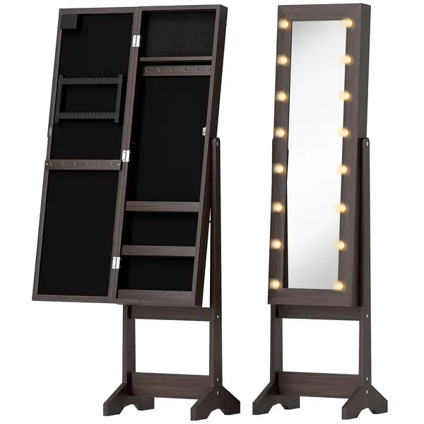 HOMCOM Dulap pentru bijuterii, dulap de depozitare pe picior, cutie pentru bijuterii cu oglindă, multiple spații de depozitare, iluminare LED, maro închis | Aosom Romania