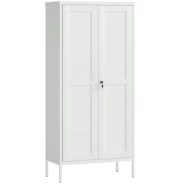 HOMCOM Dulap pentru Birou în Oțel cu 3 Rafturi Reglabile cu Serratură și 2 Chei, 80x40x175 cm, Alb | Aosom Romania