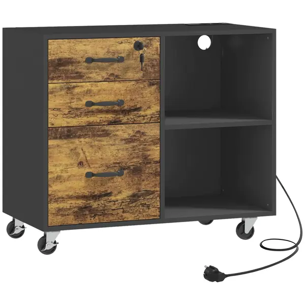 HOMCOM Dulap pentru Imprimantă cu 4 Roți, 3 Sertare, 2 Rafturi Deschise și Orificiu pentru Cablu, 80x40x65,5 cm, Negru | Aosom Romania