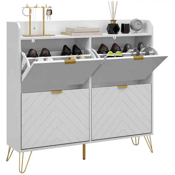 HOMCOM Dulap pentru încălțăminte 4 abtibilduri, cu raft reglabil, depozitare încălțăminte 106 x 24 x 102 cm, alb | Aosom Romania