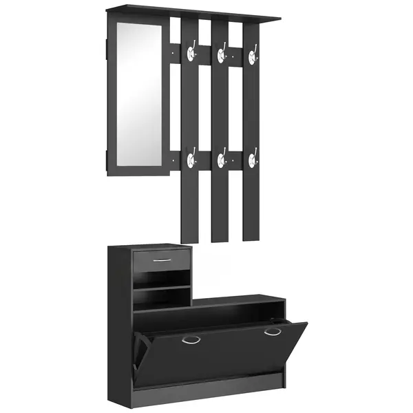 HOMCOM Dulap pentru Intrare Cuier cu Pantofar si Oglinda, Rafturi si Sertar, Dulap Cuier din PAL, 90x10x102 cm, Negru
