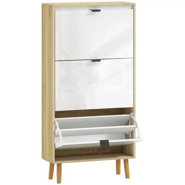 HOMCOM Dulap pentru pantofi, dulap îngust pentru pantofi, 3 sertare rabatabile, ușă înaltă lucioasă, 60x24x127cm, alb | Aosom Romania