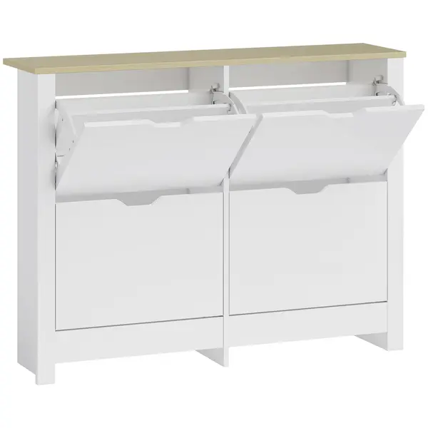 HOMCOM Dulap pentru pantofi îngust cu 4 compartimente rabatabile pentru 8–16 perechi de pantofi, 105 x 26 x 80 cm, Alb+Natural | Aosom Romania