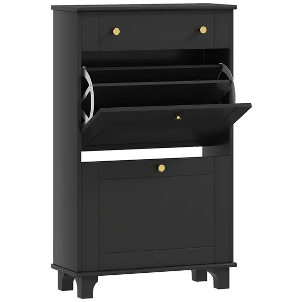 HOMCOM Dulap pentru pantofi îngust cu sertare cu uși basculante și raft reglabil, 60 x 23,5 x 98,5 cm, negru | Aosom Romania