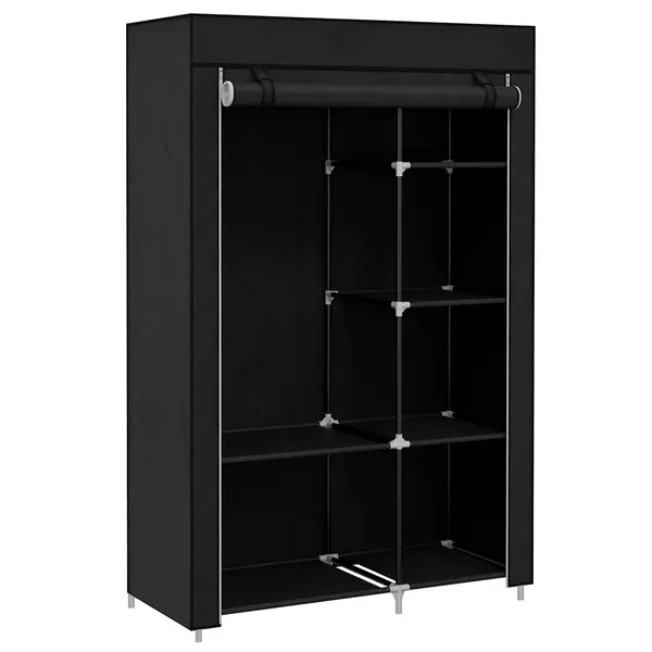 HOMCOM Dulap Portabil din Material, Dulap cu 6 Rafturi Deschise, 1 Bară și Ușă cu Fermoar, 103x43x162,5 cm, Negru | Aosom Romania