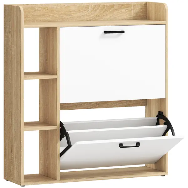 HOMCOM Dulap Slim pentru Pantofi cu 2 Sertare Rabatabile și 3 Compartimente, Capacitate 15 Perechi, 83x24x90,5 cm, Lemn și Alb | Aosom Romania