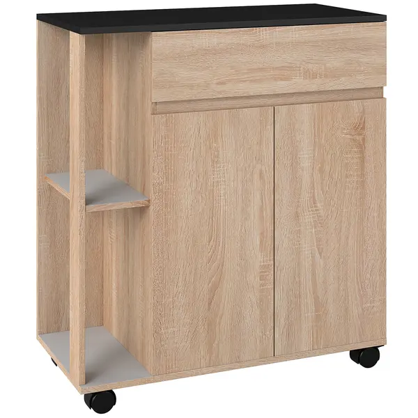 HOMCOM Dulapior de Bucătărie cu Sertare și Roți, Mobilier din Lemn, 78x39.5x88.5 cm, Stejar & Negru | Aosom Romania